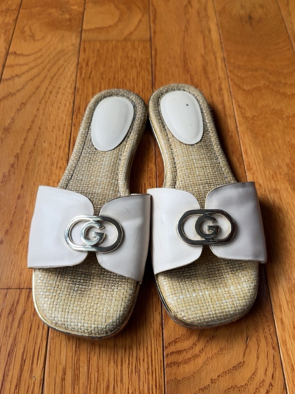 White Leather Slide Mules with Silver Double Ring Accent